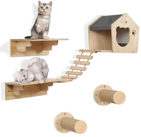 JAZUIHA Katzenkletterwand Set aus Massivholz – 4-teiliges Kletter- und Entspannungsparadies für Hauskatzen, inkl. Katzenhöhle, Hängebrücke, Liegebrett & Kletterschritte