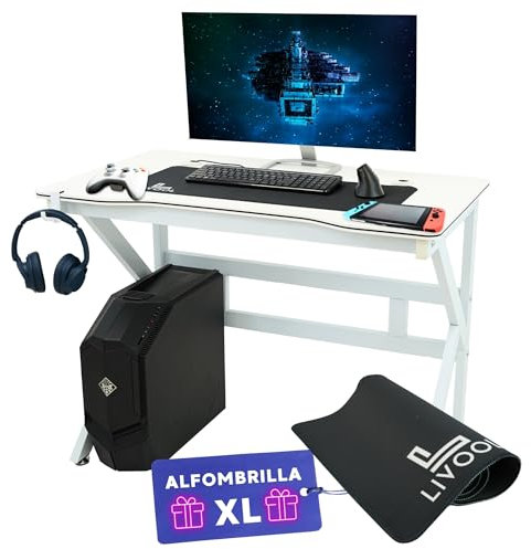 LIVOOL®️ Mesa Gaming + Alfombrilla XL | Escritorio Gaming Acabado en Fibra de Carbono - Escritorio de Oficina