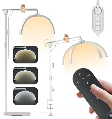 Lash Light for Eyelash Tech, 2 in 1 Half Moon Light Lamp, 28'' Foldable LED Floor Lamps for Eyelash Extensions with Phone Holder & Desk Clip for Skincare, Nail Tech, Beauty Salon, 3 Modes (Black)