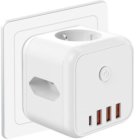 Steckdosenleiste mit USB, 7-in-1 Steckdosenwürfel mit Schalter, 1 Steckdosen 4000W/16A, 1 Flachstecker, 3 USB-A 5V/2.4A, 1 USB-C 5V/3A, Platzsparender Mehrfachsteckdose ohne Kabel für Zuhause Büro