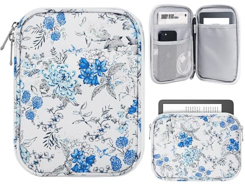 TiMOVO 6-7 Pulgadas Funda de Tableta para Nuevo Kindle Paperwhite y Kindle Colorsoft Signature Edition, E-Reader/Kindle Oasis Funda Protectora con Bolsillo, Flor Azul & Blanco