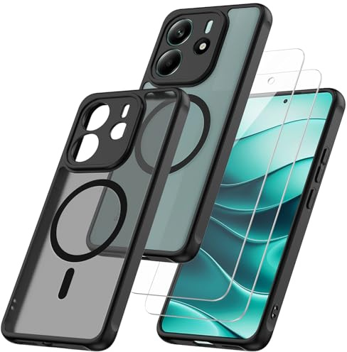 WQRTYJK Magnetic Cover per Redmi note 14 4G, Nero | con 2 Pezzi Pellicola Vetro Temperato, Compatibile con MagSafe, Custodia Traslucida Opaca Sottile