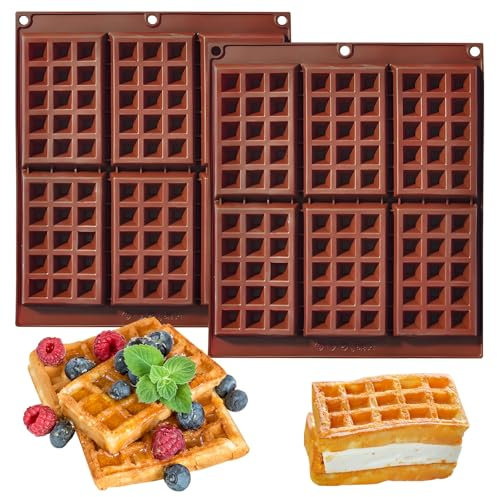 Fchil Lot de 2 moules à gaufres en silicone, motif grille à 6 cavités, marron