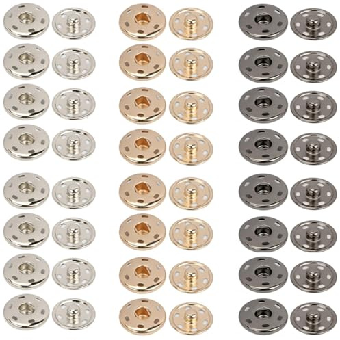24 Sets 21mm Poppers Fasteners Kit, Press Studs Snap Fasteners Sew On Black Snap Buttons Silver Popper Gold Popper Fasteners Popper Snaps DIY Set Press Studs