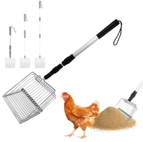 SKIKHN Pelle à déjections de poules, tamis pour poulailler, séparation 57-106 cm, 3 en 1, réglable, en métal, grand accessoire de poulailler, pelle à litière extensible avec longue poignée