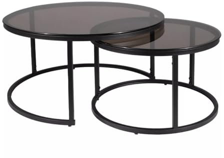 Set De 2 Tables Basse en Verre Fumé ferrante E - Transparent/Noir Mat - D 80 X H 42 Cm