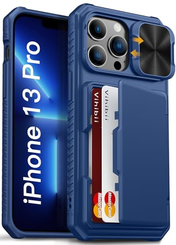 Vihibii for iPhone 13 Pro Wallet Case with Card Holder (4 Cards) [RFID Blocking] & Slide Camera Cover & Raised Edges Protect Screen, Shockproof Rugged Case for iPhone 13 Pro Max 6.1 2021, Blue
