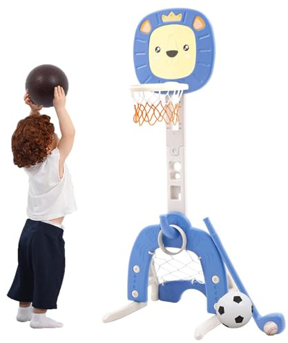 Kinder Basketballkorb Set 4 in 1 Basketballkorb Indoor Outdoor mit Basketbälle Fußballtor Wurfspiel Golfspiel Höhenverstellbarer Basketballständer 120-150cm Spielzeug für Jungen Mädchen ab 3 Jahre