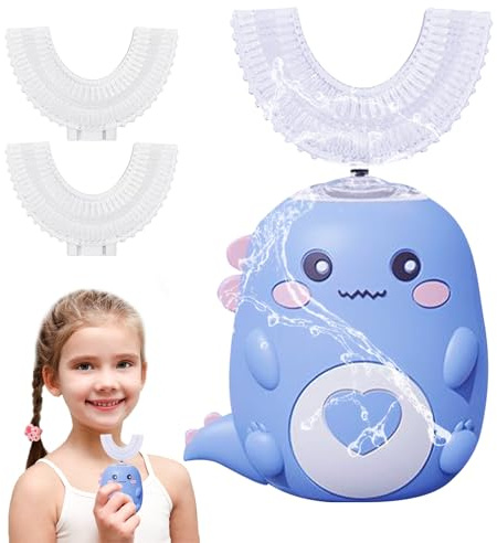 360º Kinder Ultraschallzahnbürste,Elektrische Zahnbürste mit 2 U-förmigen Silikonbürstenköpfen,Automatische Zahnbürste mit LED & Dino-Look Licht für Alter 7~12 Jahre Jungen,Mädchen (Blau,7-12 Jahre)