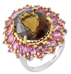 AZURFA Bague plastron plaqué or jaune quartz fumé et saphir rose pour femme avec griffes, marron et rose, design cocktail, accessoire de mode 54 (17,2), N 1/2