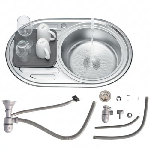 Mucola Einbauspüle Küchenspüle Edelstahl Rundbecken rechts 77x50 cm Silber | Abtropffläche links, Becken Ø 36,5 cm, hygienisch, satinierte Oberfläche, inkl. Ablaufgarnitur und Ablaufsieb