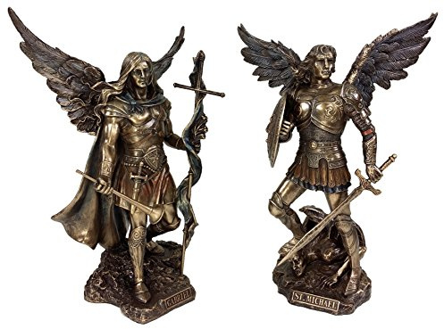 Unbekannt Paar – St. Michael und Gabriel Erzengel W/Schwert und Schild Essen auf Demon Statue Bronze-Finish