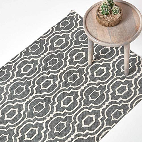 HOMESCAPES Geometric Printed Rug 'Riga' 100% Cotton Grey & White Rug, 120 x 170 cm