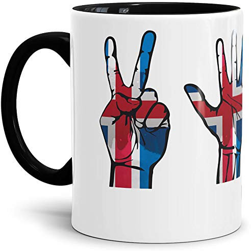 Tassendruck Flaggen-Tasse mit Handzeichen von Island - Innen & Henkel Schwarz - Fahne/Länderfarbe/WM/Weltneisterschaft/EM/Europameisterschaft/Cup/Tor/Qualität Made in Germany