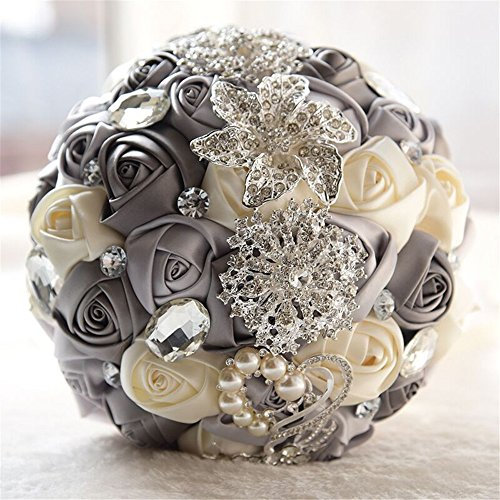 Fouriding Handgemachte Brosche Brautstrauß Braut Satin Rosen Blumen Strass Perlen Blumensträusse Hochzeit Strauß Künstliche Blumenstrauß künstlicher Rosenstrauß Dekoration (Creystal Grey+Creamy)