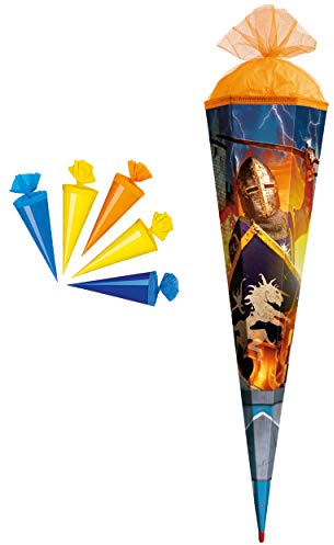 Set Schultüte + 5 kleine Zuckertüten - Ritter & Ritterburg - 50 cm - rund - mit Tüllabschluß - Zuckertüte - mit/ohne Holzspitze - Roth - Jungen - Anhä..