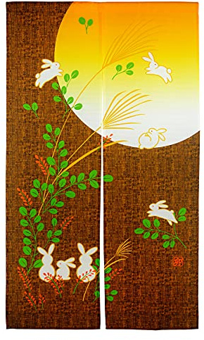 LIGICKY Noren Rideau Japonais Long Tapisserie Fenêtre Rideaux Panneau Tenture Tapisserie Décoration Marron(85×150cm,Course de Lapins sous la Pleine Lune