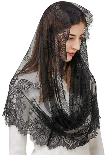 PAMOR Spanischer Stil Spitze Traditionelle Vintage Infinity Form Mantilla Veil Latin Mass Kopfbedeckung, Schwarz, Einheitsgröße