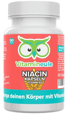 Niacin Kapseln - hochdosiert 500 mg - Nicotinamid (flush-free) | Produktion in Deutschland - bioaktiv & vegan - Vitamin B3 für Erwachsene & Kinder - laborgeprüft - Vitamineule®