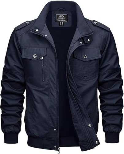 MAGCOMSEN Veste Cargo Militaire pour Hommes Léger Coupe-vent en Coton Multipoches Mi-saison avec Col Rabattu et Zippe Navy XL