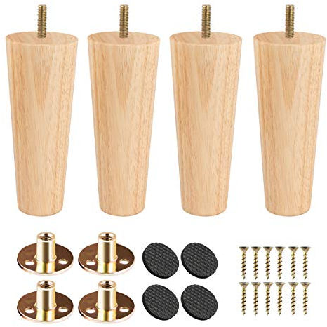 Btowin 15cm Holz Möbelfüße, 4 Stück Massivholz Tischbeine Möbelbeine mit vorgebohrten M8 Bolzen & Montageplatten & Schrauben für Schrank Sofa Bett Ottomane