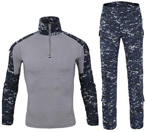Ketamyy Hommes Tactique Uniforme Ensemble Militaire Camouflage Manches Longues Airsoft T Shirt + Treillis Armée Pantalon Chasse Combat Outdoor Randonnée Vêtements Mer Camouflage XL