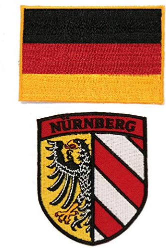 A-ONE Aufnäher mit Nürnberg-Motiv und Nürnberger Stadt-Reise-Stickerei, deutsche Nationalflagge, Biker-Aufnäher, Schildform, 2 Stück No.038C