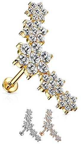 Treuheld® Kristall-Blumen Labret Piercing in 2 Größen [5.] - Gold - 1.2mm x 8mm