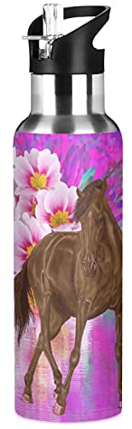 Vnurnrn Aquarelle Animal Fleur De Cheval Bouteille d'eau Isotherme avec Paille en Acier Inoxydable Gourde 600ML, Sans Bpa Gourdes Eau pour Enfant Sport Randonnée École Bureau