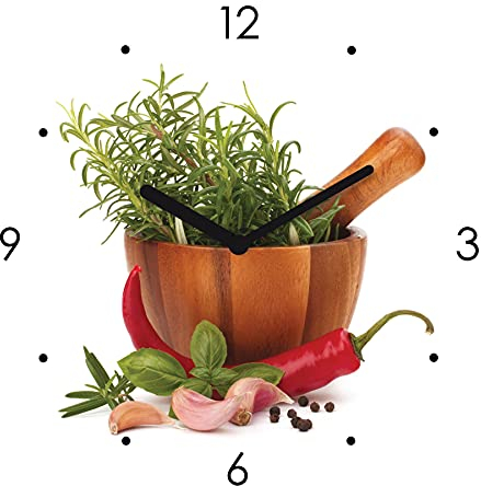 Wanduhr Glas 20x20cm Kräuter Schale Chili Glasuhr Uhr Glasbild Küchendeko Küchenbild Deko Wandbild