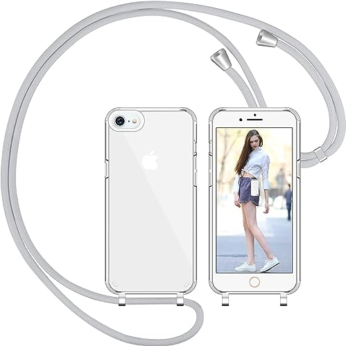 Nupcknn Handykette für iPhone 7/8/SE 2020/2022 Hülle mit Band,Dünn Transparent Handyhülle (Abnehmbar) Necklace mit Kordel zum Umhängen Kameraschutz Handy Kette Stossfest Schutzhülle(Hellgrau, 4.7)