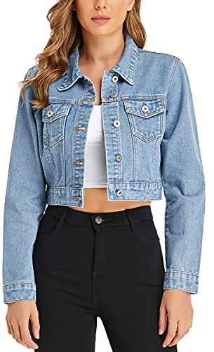 PEIQI Women’s Cropped Jean Denim Jacket Button Down Long Sleeve with Pockets Light Blue Medium