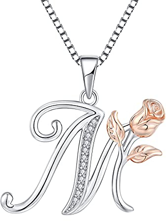 starchenie Alphabet Rose Halskette Buchstabe M Halskette Zirkonia Anhänger 925 Sterling Silber Halskette für Damen