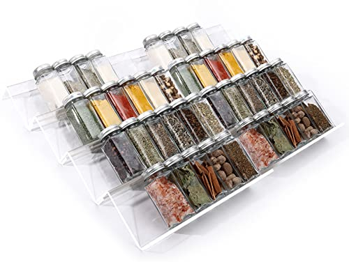 MIUKAA Clear Acrylic Spice Drawer Organizer, 4 Tier- 2 Set Expandable From 9 to 18 Seasoning Jars Drawers Insert, Kitchen Spice Rack Tray for Drawer/Countertop (Jars not included)