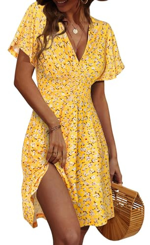 FENSACE Robe d'été mi-Longue à Manches Courtes et col en V pour Femme Motif Floral, Jaune, Taille XL