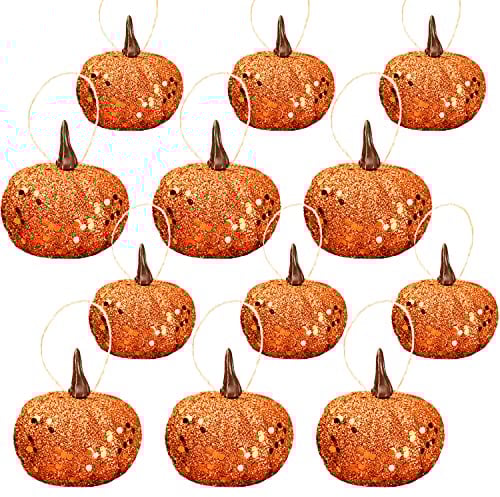 12 Pieces Mini Halloween Tree Baubles Glittery Party Decoration Artificial Foam Pumpkin Hanging Ornaments Halloween Hanging Tree Balls Pendants for Halloween Party Decorations