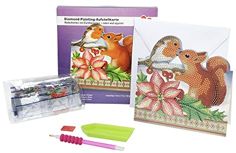 Ideen mit Herz Diamond-Painting-Aufstellkarte | 370 g/m² | 16,3 cm x 16 cm | inkl. Briefumschlag & Werkzeug (Rotkehlchen mit Eichhörnchen)