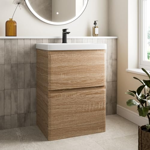 Affine® 600mm Vanity Unit Wash Basin Sink Bathroom Floor Standing Storage Cabinet Cupboard Cloakroom, Soft Close Drawers, Wood Oak Effect