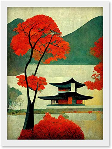 Doppelganger33 LTD Modern Japanese Red Maple Tree Artwork Framed Wall Art Print A4