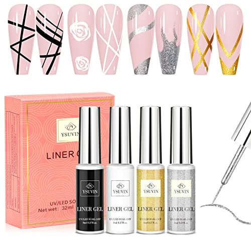 Yueshop Art Liner Gel Nail Polishes Set, Painting Soak Off Gel Nail Varnish Set 4x8ml Gel Nail Polish Black Gold Silver White Collection Drawing UV LED Gel Liner Polish Pen Tool For Manicure Art Salon