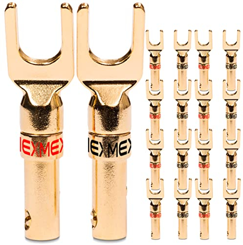 Kabelschuhe NEXMEX High End 20x Stecker für Lautsprecherkabel Gabelschuhe Steckverbinder für Kabel bis 6mm² 24K vergoldet löt- oder schraubbar Flexibler Anschluss für HiFi-Boxen Verstärker Endstufen