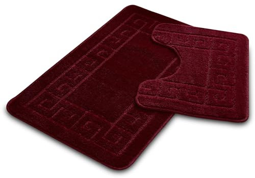 VELVETIO Bath Mat Set 2 Piece Machine Washable for Bathroom, Jacquard Greek Non Slip Quick Dry Shower Rugs & Bathtub Mats, Highly Water Absorbent 100% Polypropylene Toilet Rug Sets, Burgundy