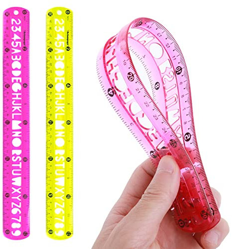 Prasacco 2 Stück Flexibles Lineal, Transparenter Kunststoff Weiches Lineal mit Zoll und Metrisch 30 cm Biegbares Lineal mit Durchbrochene Buchstaben und Zahlen für Arbeit, Studium, Malerei(Gelb, Rosa)