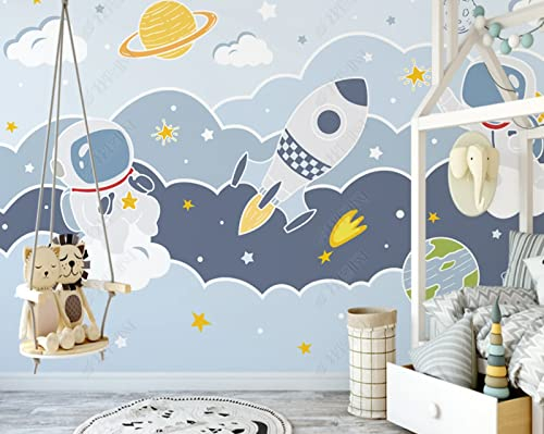 Fototapete 3D Effekt 3D Tapete Karikatur Weltraum Planet Rakete Astronaut Kinder Wanddekoration Aus Vliesstoff 200(W) X140(H) Cm