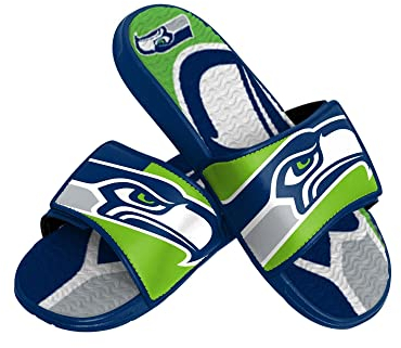 FOCO Seattle Seahawks NFL Colorblock Big Logo Gel Slide Blue Green Badelatschen Hausschuhe - L