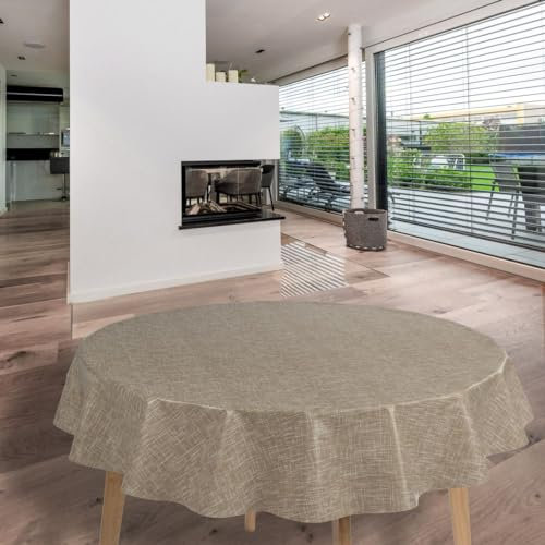 laro Wachstuch-Tischdecke Abwaschbar Garten-Tischdecke Wachstischdecke PVC Plastik-Tischdecken Eckig Meterware Wasserabweisend Abwischbar GAC, Muster:Beige Leinenoptik, Größe:140cm Rund
