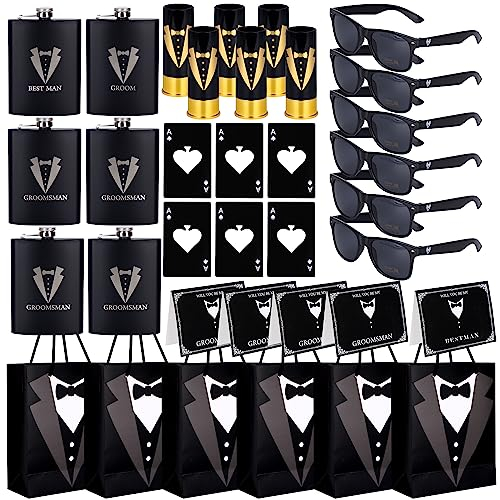 35 Pieces Groomsmen Gifts Set:6 Tuxedo Flask 6pcs Bottle Opener 6 Groomsmen Gauge Glasses 6 Sunglasses 5 Card 6 Gift Bags for Wedding Bachelor Party