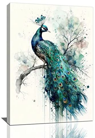Wandkunst, Motiv: Pfau, Aquarell, Pfau, Wanddekoration, ästhetischer Pfau, Leinwanddrucke, gerahmt, modernes Gemälde, Kunstwerk, Heimbüro, Dekorationen für Küche, Schlafzimmer, Badezimmer, Wohnzimmer,