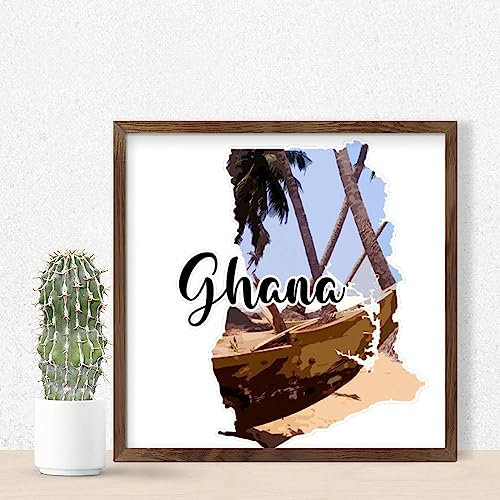 Gerahmtes Holzschild mit Ghana-Motiv, Wandkunst, Motto-Dekor, lustige Reise, Stadt, Welt-Poster, mehrfarbig, bunte Schilder, niedliches Holzschild für Kinderzimmer, Küche, Fenster, 17,8 x 17,8 cm