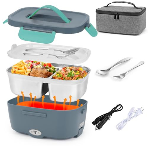 WolinTek 80W Elektrische Lunchbox, Beheizbare Brotdose 3-in-1 12/24/220V, 1.5L Warmhaltebehälter Elektrisch, Ausgestattet mit Gabel und Löffel aus Edelstahl, Geeignet für Pkw, Lkw, Büro und Camping